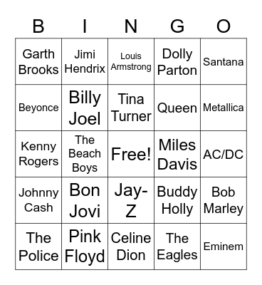 Top Music Artists Bingo Card