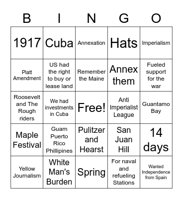 Spanish American War SS8 Bingo Card