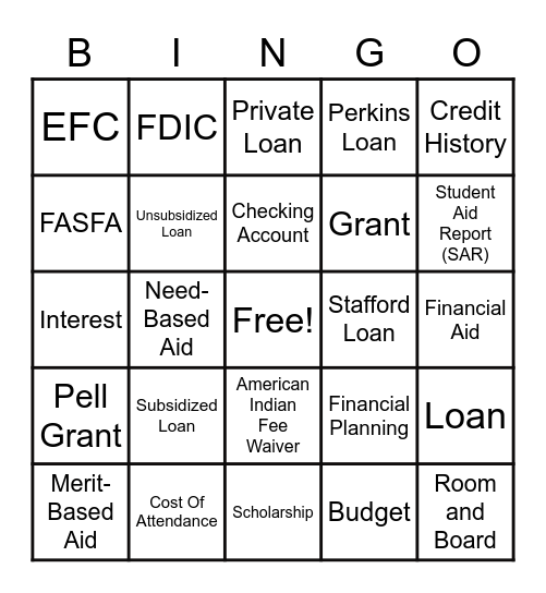 Financial Aid Bingo Card