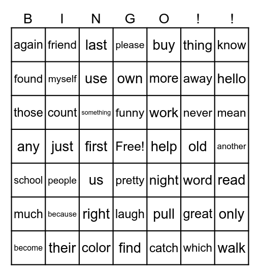 TRICKY WORDS 1B Bingo Card