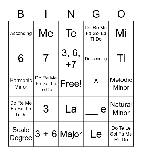 Minor Solfege Scales Bingo Card