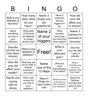 Recovery Bingo! Bingo Card