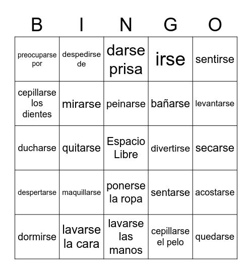 VERBOS REFLEXIVOS Bingo Card