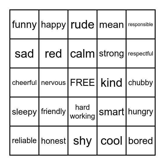 ADJECTIVES Bingo Card