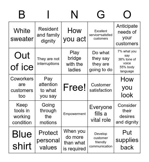 Customer Service In Long Term Care Bingo Card