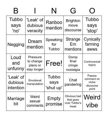 Tubbo stream set up bingo Card