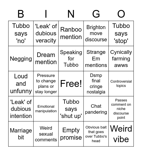 Tubbo stream set up bingo Card