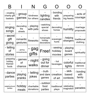 Holiday Traditions Bingo Card