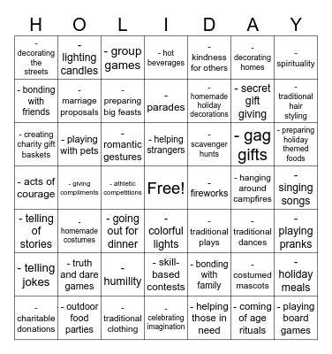 Holiday Taditions Bingo Card