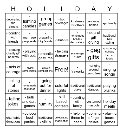 Holiday Taditions Bingo Card