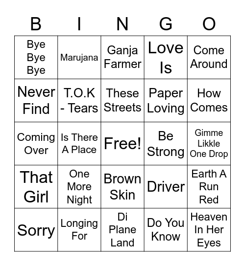 REGGAE BINGO 5 Bingo Card