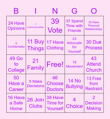 Rights Bingo Card