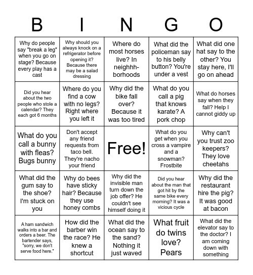 A Joke a Day Bingo Card