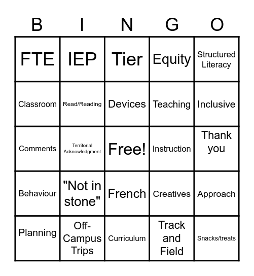 Staff Meeting Bingo Card