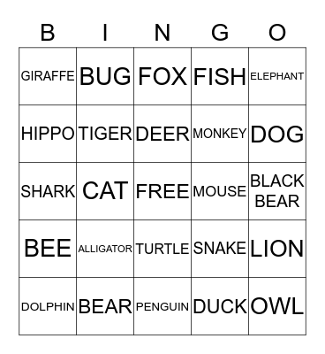 ANIMALS Bingo Card