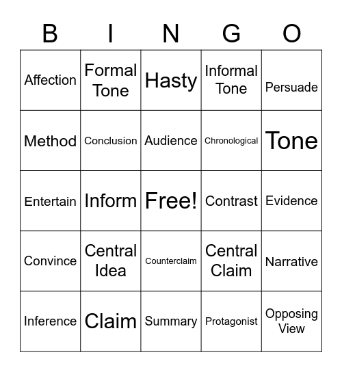 Freshman ELA Final Exam Review Bingo Card