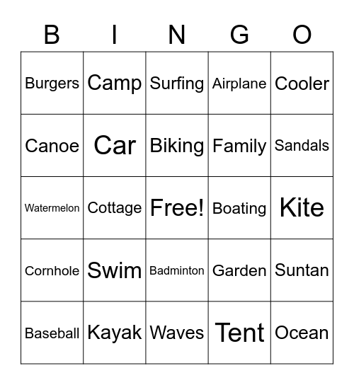 Summer Vacation Bingo Card