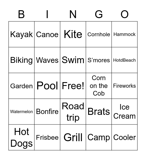 Summer Vacation Bingo Card