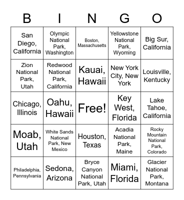 Let's Take a Vacation Bingo Card