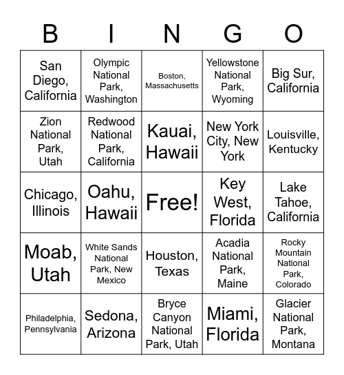 Let's Take a Vacation Bingo Card