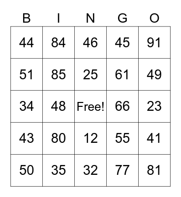 Addition Bingo to 100 Bingo Card