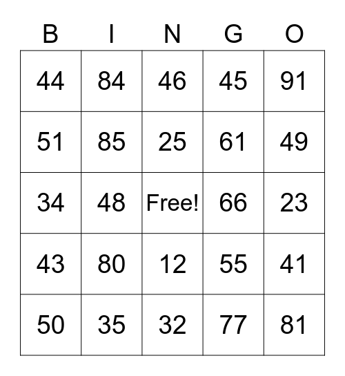 Addition Bingo to 100 Bingo Card