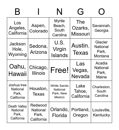 Let's Take a Vacation Bingo Card