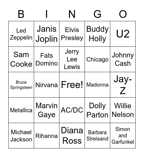 Musical Artists Bingo Card