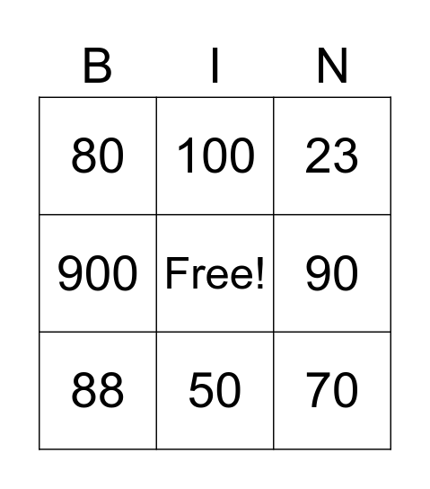 numeros 30-1000 Bingo Card