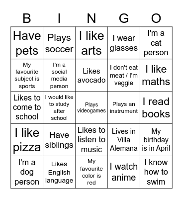 Getting to know each other Bingo Card