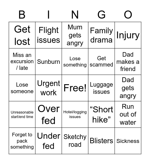 Family Trip Bingo Card