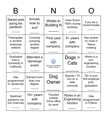 Qemerge Speed Networking Bingo Card