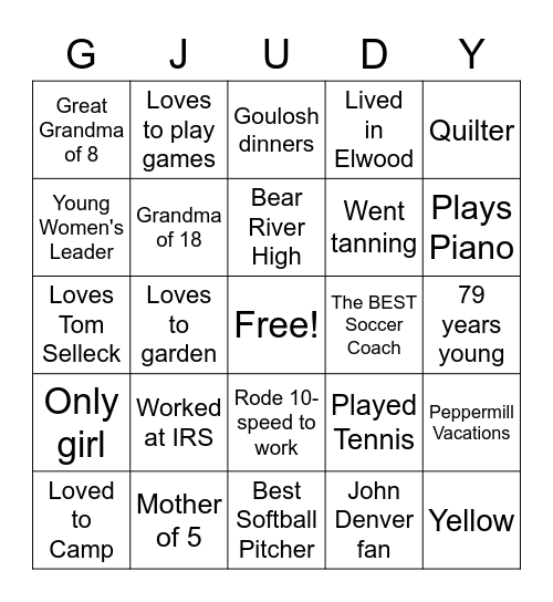 Grandma Judy Memory Bingo Card