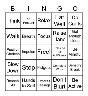 Impulse Control Bingo Card