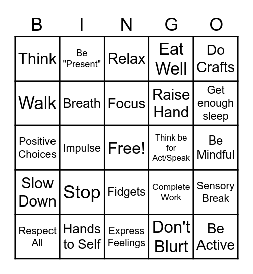 Impulse Control Bingo Card