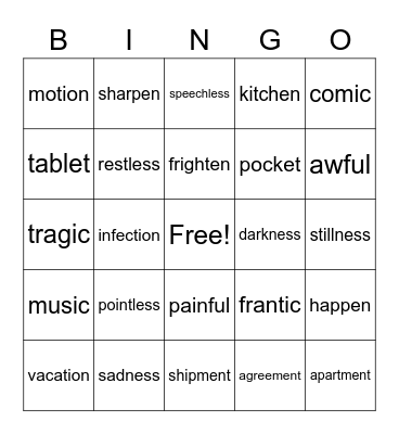 Suffixes Sonday 2-16 Bingo Card
