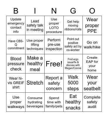 Safety Month Activity Challenge Bingo Card