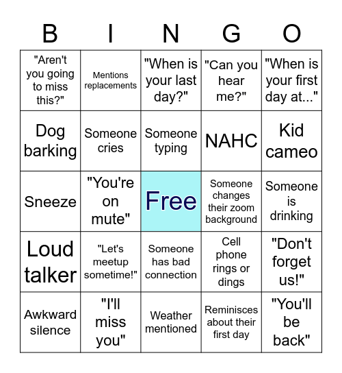 Kim's Virtual Farewell Party Bingo Card