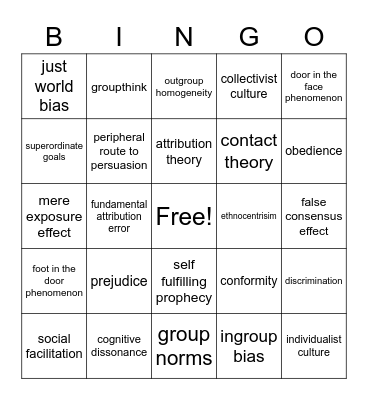 Social Psychology Bingo Card