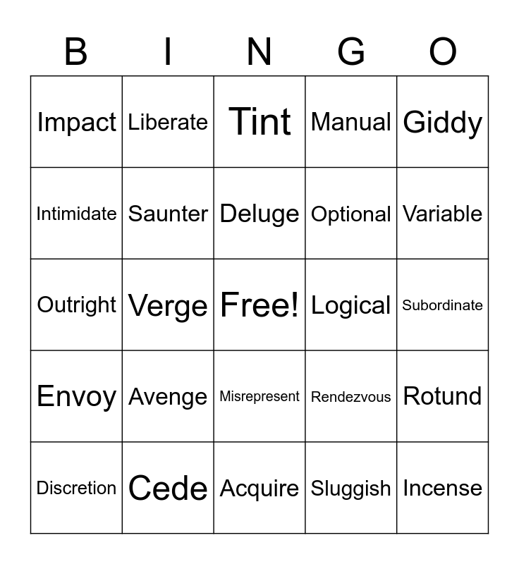 Vocab Unit 9 Bingo Card