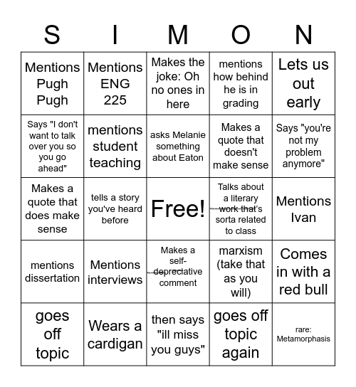 Simon Bingo Card
