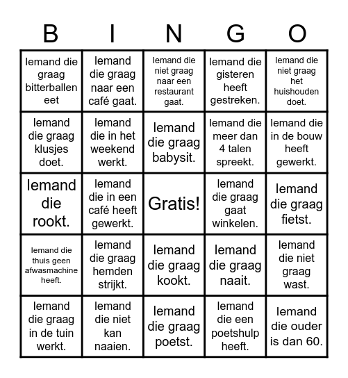 Ik zoek iemand die ... Bingo Card