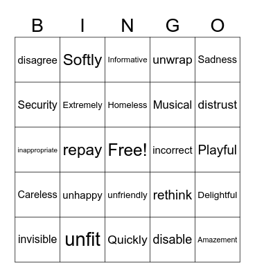 Prefix & Suffix Bingo Card