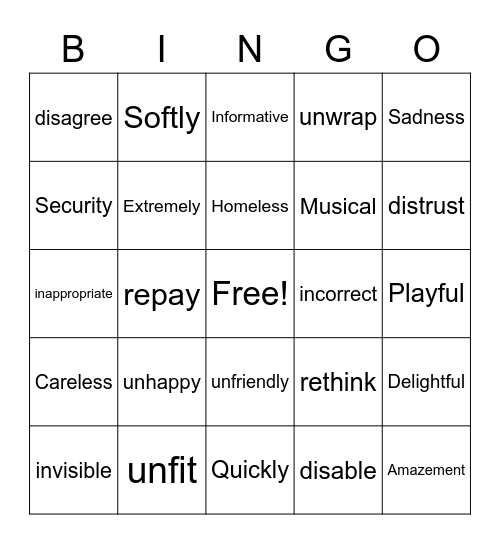 Prefix & Suffix Bingo Card