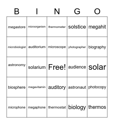 Root Words Bingo Card