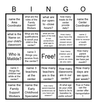 Parent Celebration Bingo Card