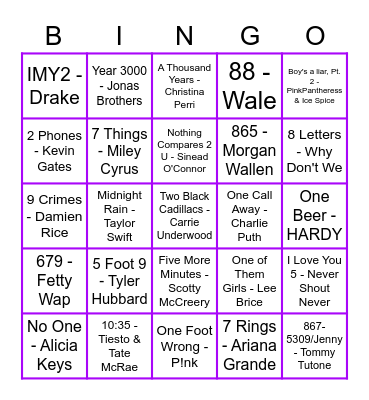 Numbers Music Bingo Card