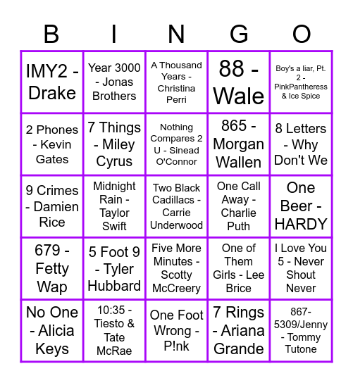 Numbers Music Bingo Card