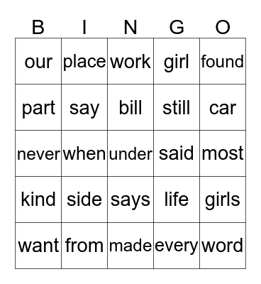 Week 15 Spelling Words Bingo Card