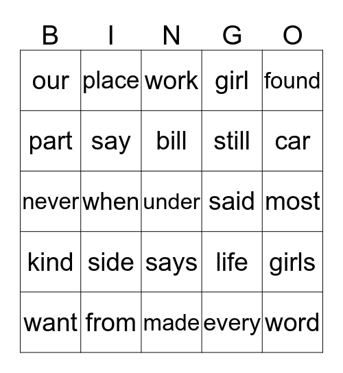 Week 15 Spelling Words Bingo Card